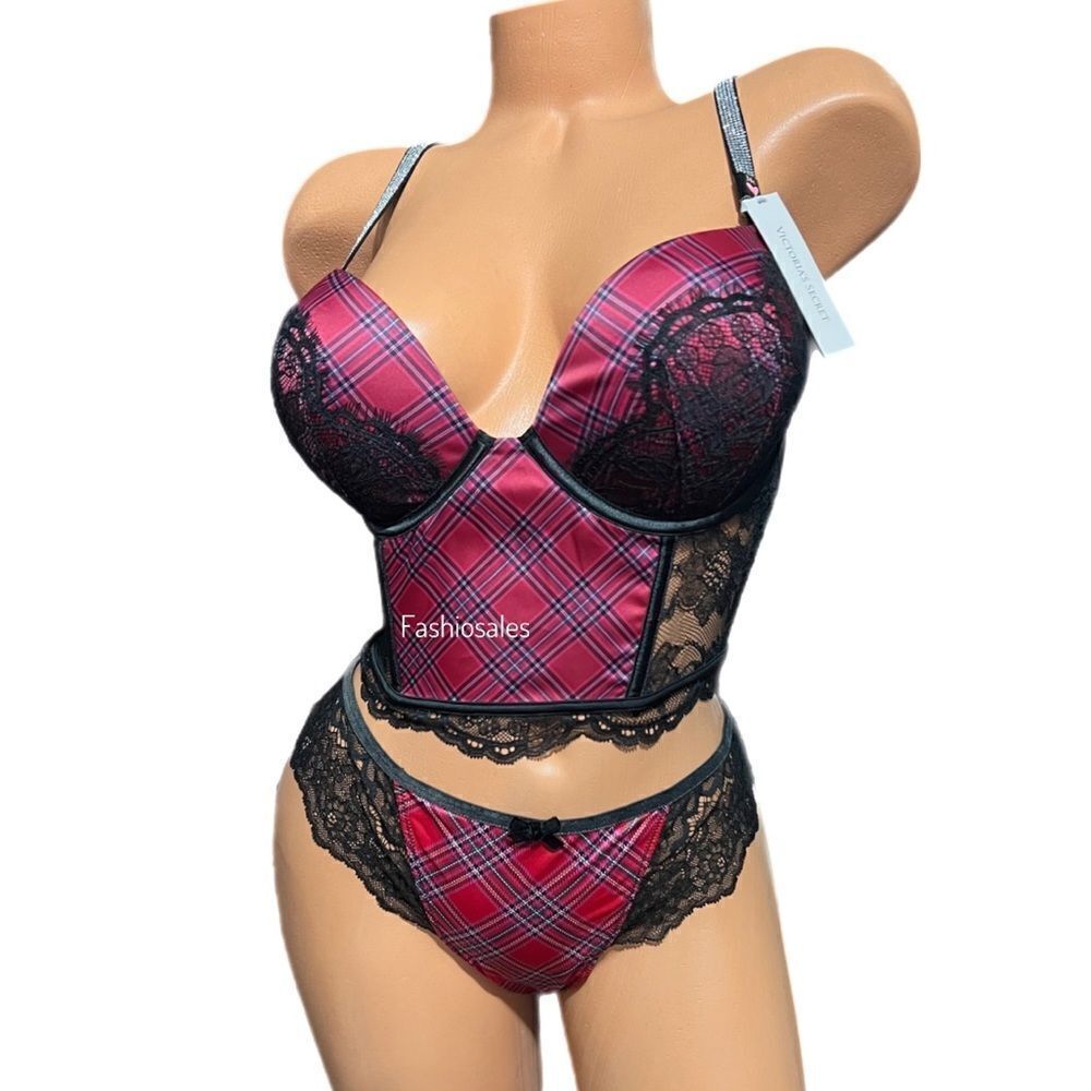 Victorias Secret Bombshell Shine Strap Add-2-Cups Push Up Corset Top and Thong